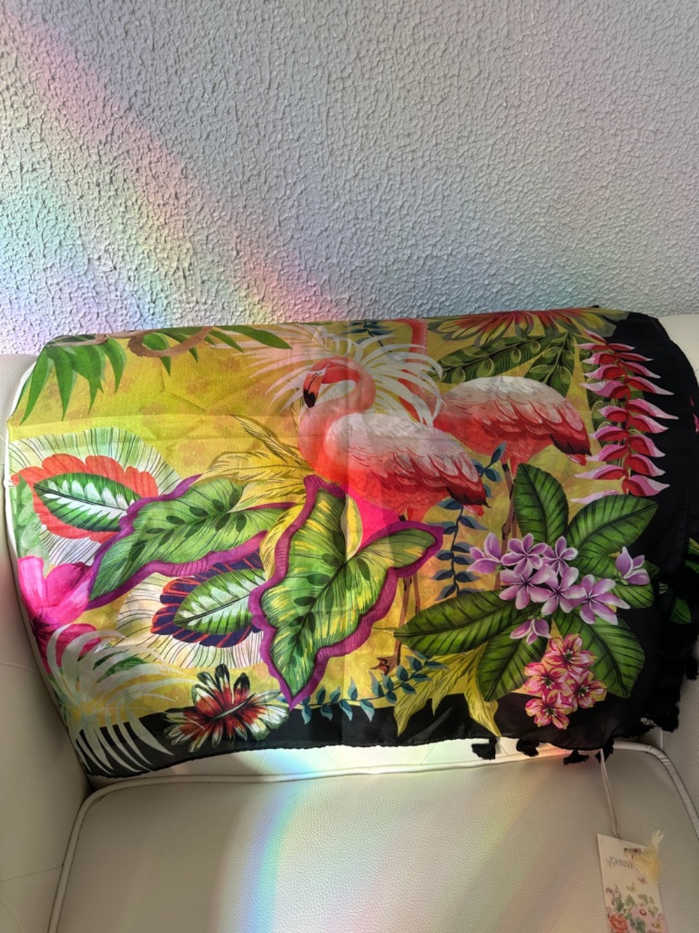 Johnny Was Amorina 100 Silk Scarf Tropical Floral Scarf-Yellow with Pink & Green - Picture 7 of 14